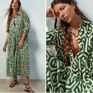 Zara Geometric Print Maxi 3/4 Sleeve Dress Sz X-Large